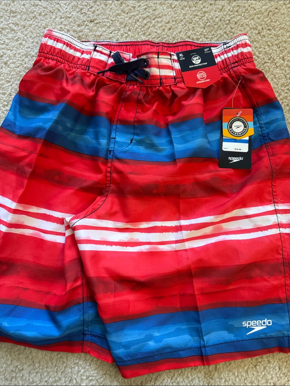Speedo Red, Blue & White Striped Swim Shorts